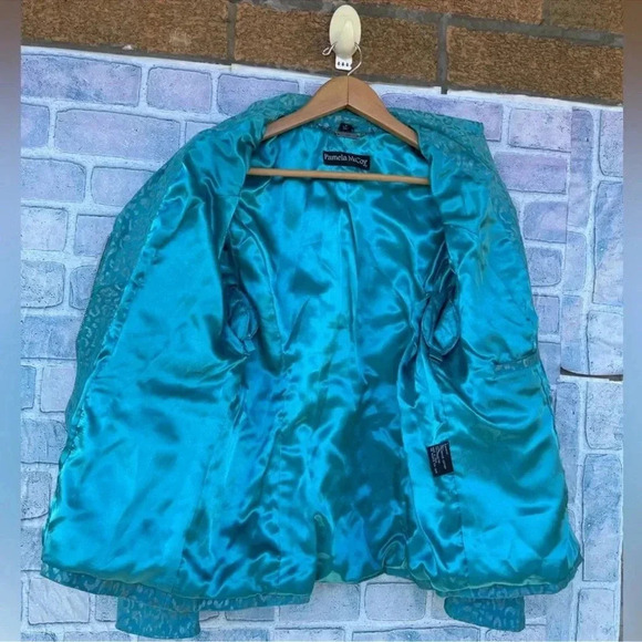 Pamela McCoy Turquoise Cheetah Leopard Print 100% Leather Full Zip Jacket medium - Picture 8 of 12